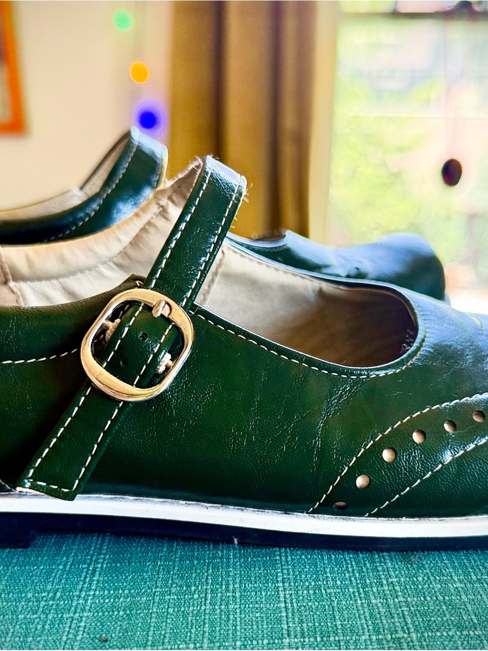 Women’s Green Mary Jane Flats with Decorative Brogue Details - Picture 6 of 6